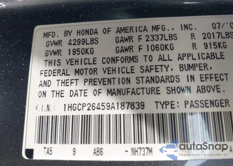 2009 Honda Accord 2.4 Lx-P z USA, uszkodzony, nr VIN 1HGCP26459A187839